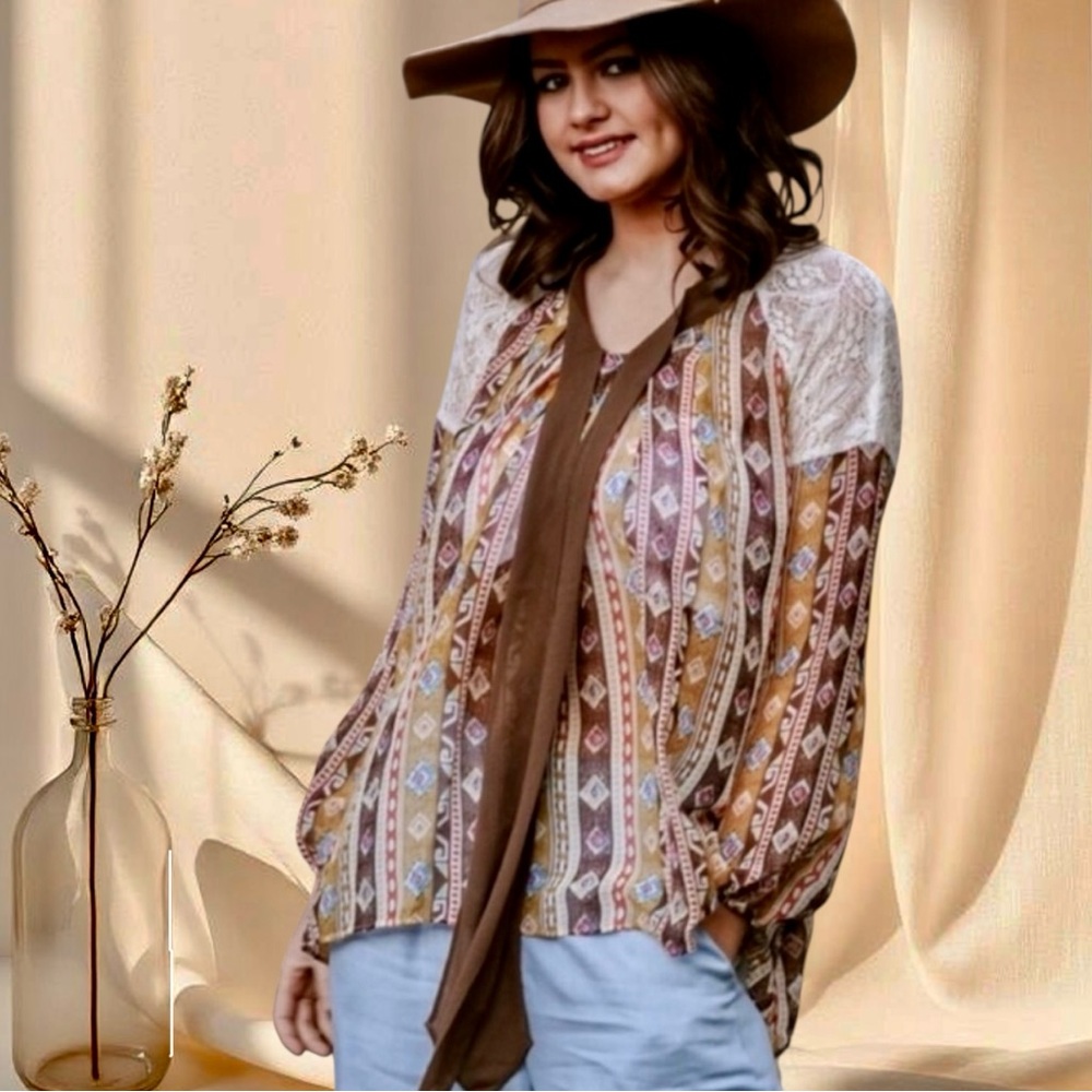 Entro Boho Aztec Neck-Tie Blouse | Sheer Patchwork Print Top - Picture 3 of 5